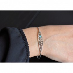 Bracelet jonc plume perle bleu turquoise Argent 925 Rhodié