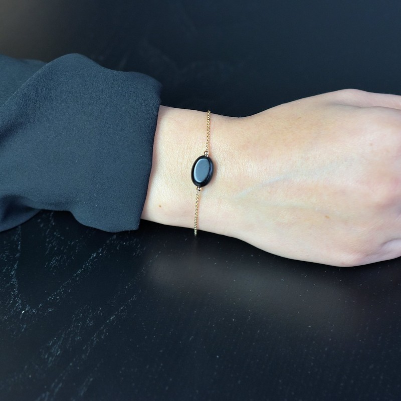 Bracelet agate pierre naturelle noire ovale Plaqué OR 750 3 microns