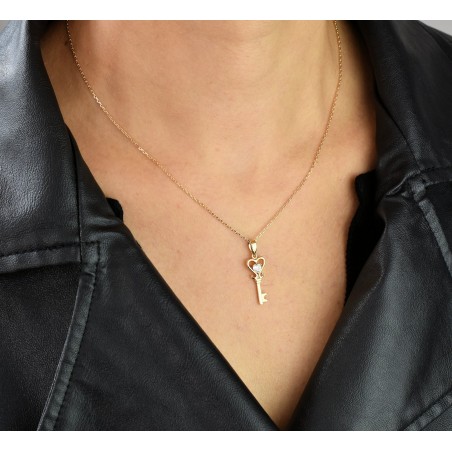 Collier clé coeur d'oxyde de zirconium Plaqué OR 750 3 microns