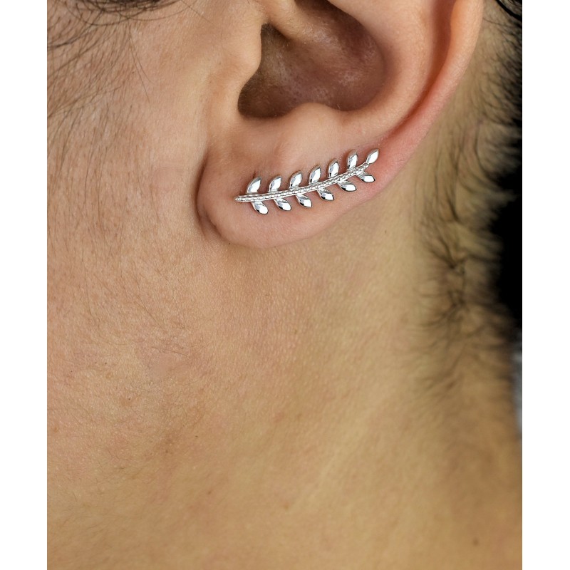 Boucles d'oreilles grimpantes contour de lobe feuille de laurier Argent 925 Rhodié