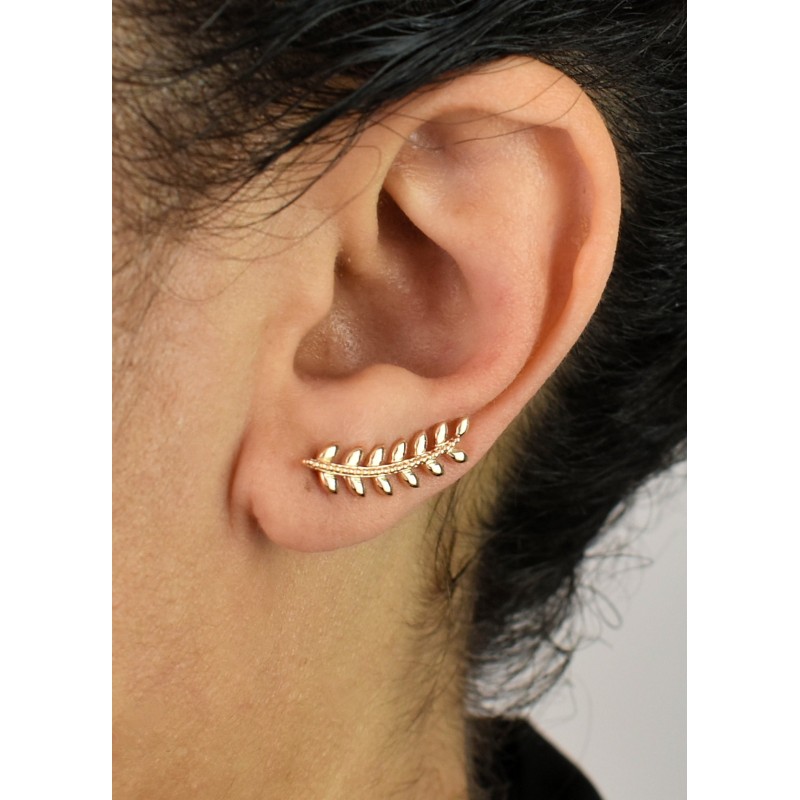 Boucles d'oreilles grimpantes contour de lobe feuille de laurier Plaqué or 750 3 microns