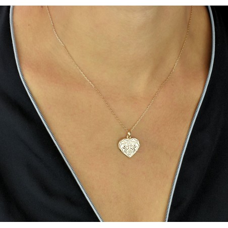 Collier coeur gravé Je t'aime 2 colombes fleur Plaqué OR 750 3 microns