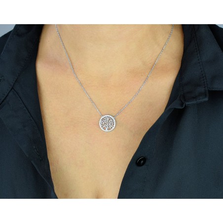 Collier arbre de vie cercle serti d'oxyde de zirconium Argent 925 Rhodié