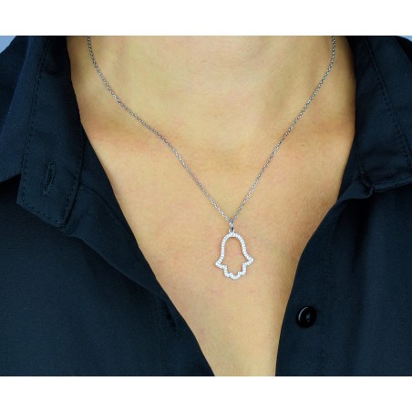 Collier main de Fatma ajourée sertie d'oxydes de zirconium Argent 925 Rhodié