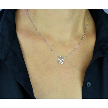 Collier coeur ajouré arabesque fleur Argent 925 Rhodié