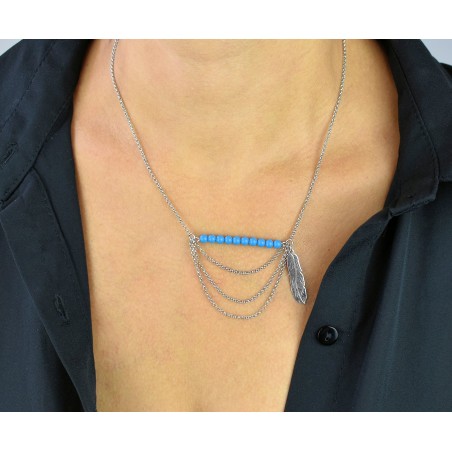 Collier bohème plume perles bleu turquoise 3 rangs Argent 925 Rhodié