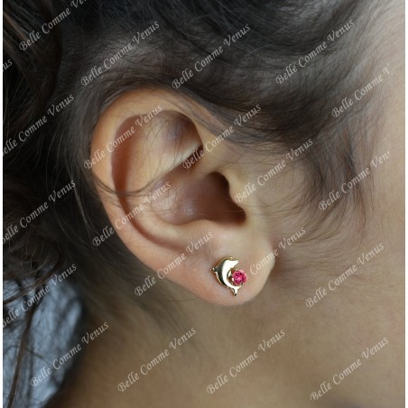 Boucles d'oreilles dauphin cristal rose Plaqué OR 750 3 microns