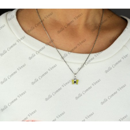 Collier petite abeille émail jaune, noir et blanc Argent 925 Rhodié