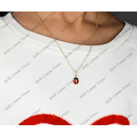 Collier coccinelle émail rouge et noir Plaqué OR 750 3 microns