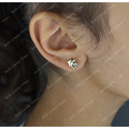 Boucles d'oreilles dauphin cristal bleu turquoise Plaqué OR 750 3 microns
