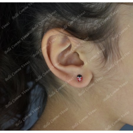 Boucles d'oreilles coccinelle émail rouge et noir Argent 925 Rhodié