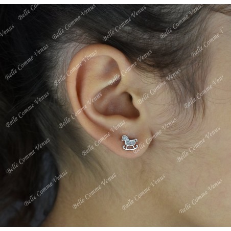 Boucles d'oreilles cheval à bascule serti d'oxyde de zirconium Argent 925 Rhodié