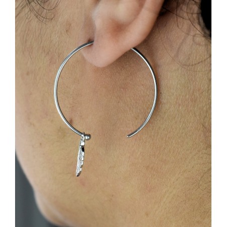 Boucles d'oreilles créoles plume pendante Argent 925 Rhodié