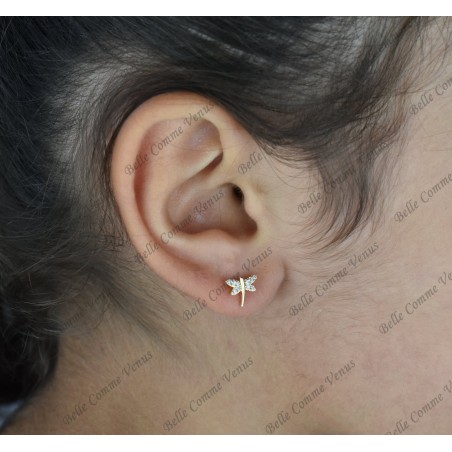Boucles d'oreilles libellule sertie d'oxyde de zirconium Plaqué or 750 3 microns