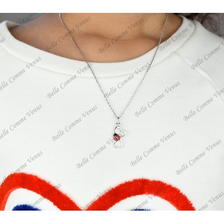 Collier 2 coeurs coccinelle émail rouge et noir Argent 925 Rhodié