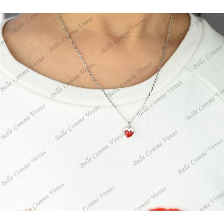 Collier fraise émail rouge Argent 925 Rhodié