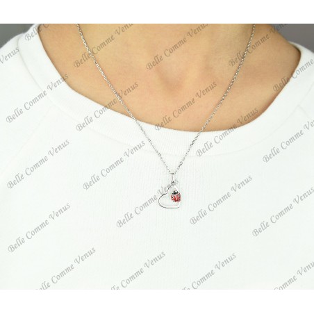 Collier coeur coccinelle émail rouge et noir Argent 925 Rhodié