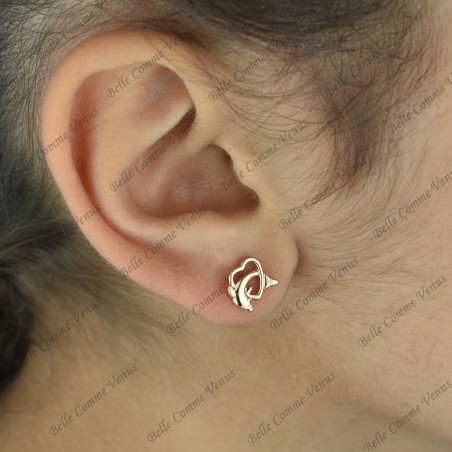 Boucles d'oreilles dauphin dans un coeur ajouré Plaqué OR 750 3 microns