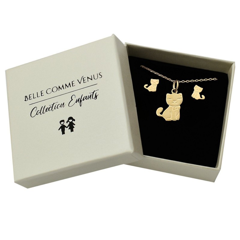Parure chat mignon noeud papillon Plaqué OR 750 3 microns
