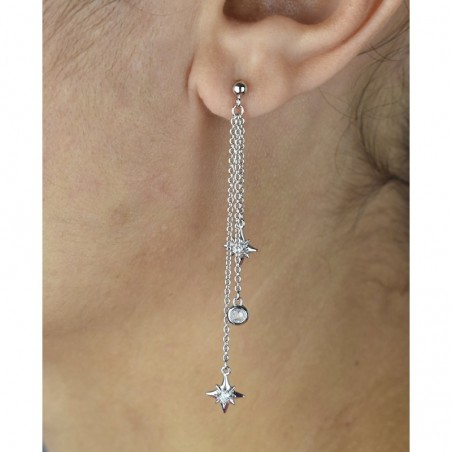 Boucles d'oreilles étoiles oxyde de zirconium 3 chainettes pendantes Argent 925 Rhodié