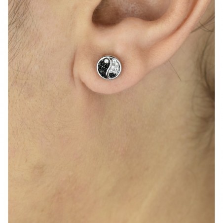 Boucles d'oreilles yin yang serti d'oxyde de zirconium blancs et noirs Argent 925 Rhodié