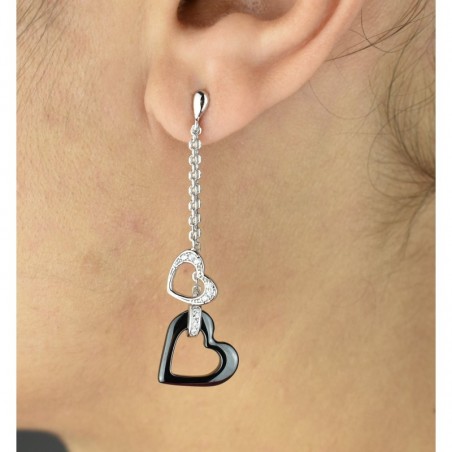 Boucles d'oreilles 2 coeurs oxyde de zirconium et céramique noire Argent 925 Rhodié
