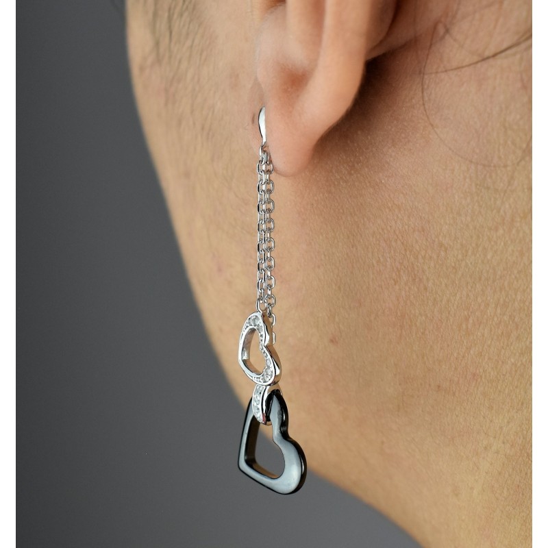 Boucles d'oreilles 2 coeurs oxyde de zirconium et céramique noire Argent 925 Rhodié