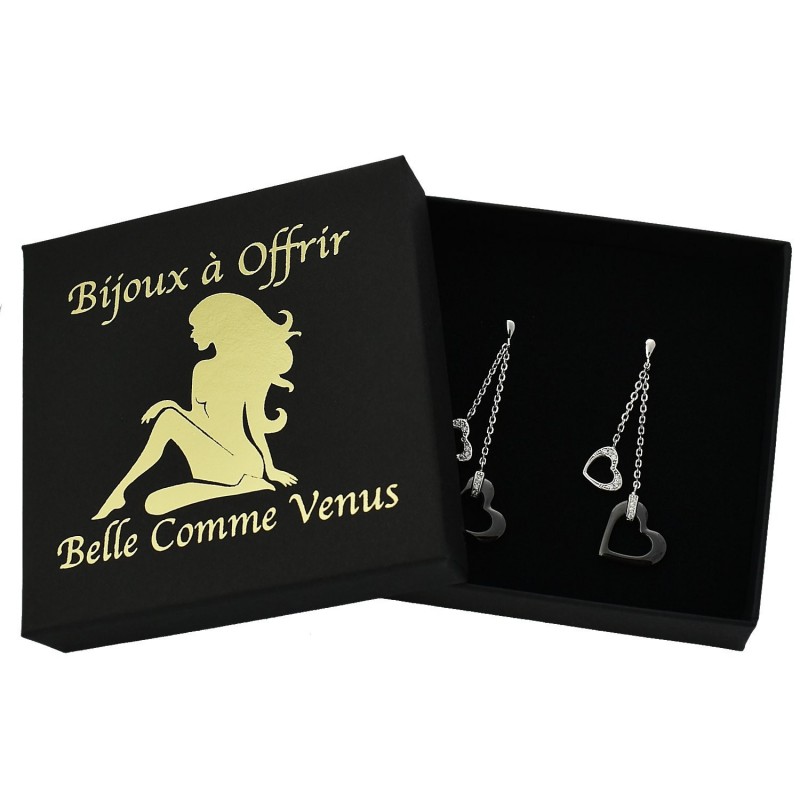 Boucles d'oreilles 2 coeurs oxyde de zirconium et céramique noire Argent 925 Rhodié