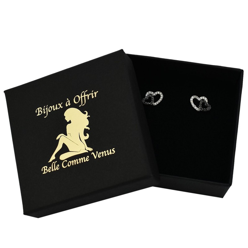 Boucles d'oreilles 2 coeurs oxyde de zirconium blancs et noirs Argent 925 Rhodié