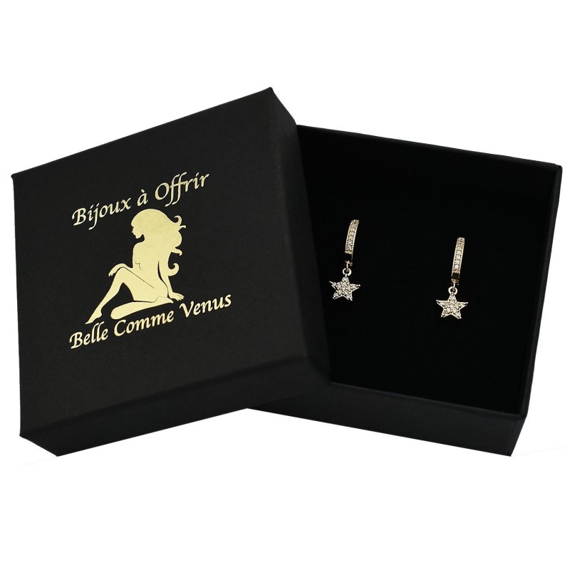 Boucles d'oreilles Mini Créoles étoile oxyde de zirconium pendante Plaqué or 750 3 microns