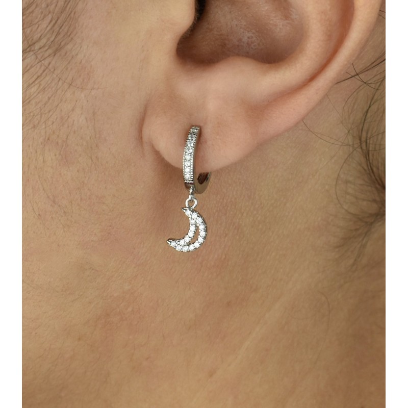Boucles d'oreilles Mini Créoles lune oxyde de zirconium pendante Argent 925 Rhodié