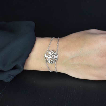 Bracelet arbre de vie feuilles serties d'oxydes de zirconium 2 rangs Argent 925 Rhodié