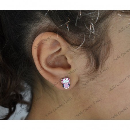 Boucles d'oreilles hibou émail coloré Argent 925 Rhodié