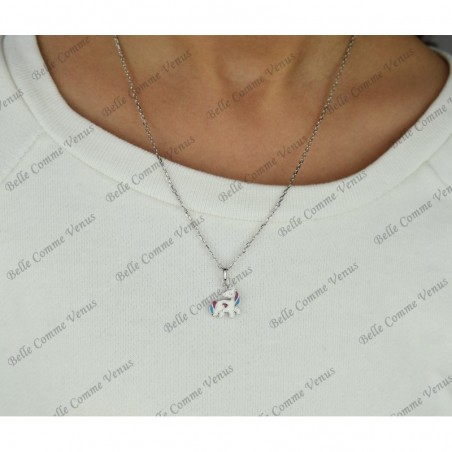 Collier licorne coeur émail coloré Argent 925 Rhodié