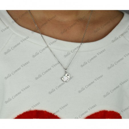 Collier oiseau coeur de nacre oeil oxyde de zirconium noir Argent 925 Rhodié