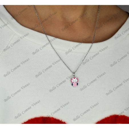 Collier hibou émail coloré Argent 925 Rhodié