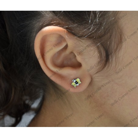 Boucles d'oreilles petite abeille émail jaune, noir et blanc Argent 925 Rhodié