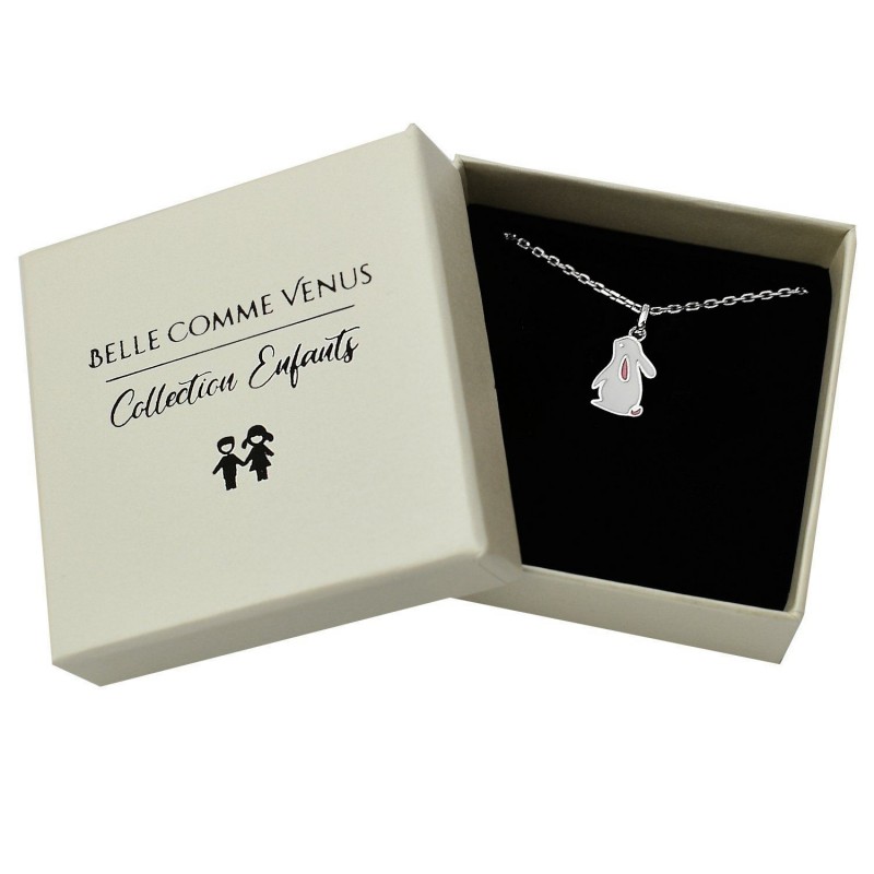 Collier lapin émail blanc et rose Argent 925 Rhodié