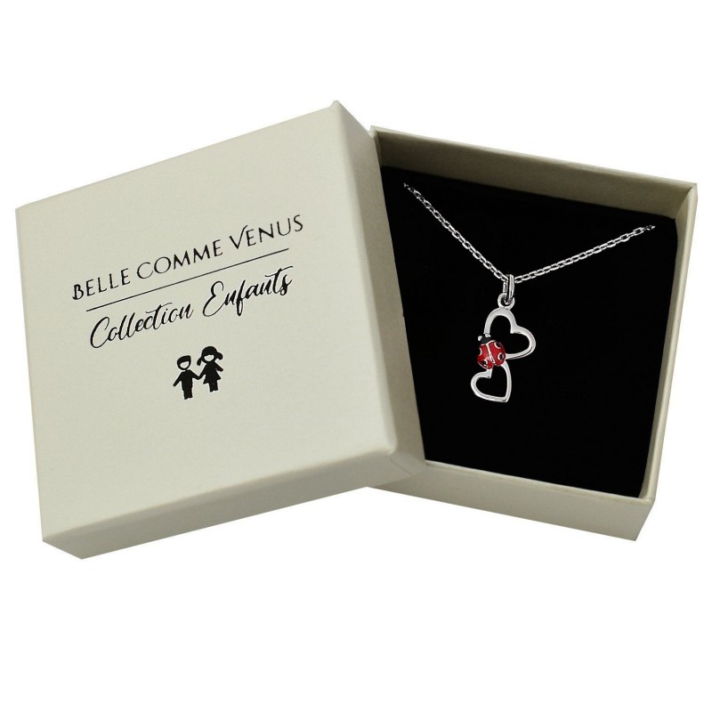 Collier 2 coeurs coccinelle émail rouge et noir Argent 925 Rhodié