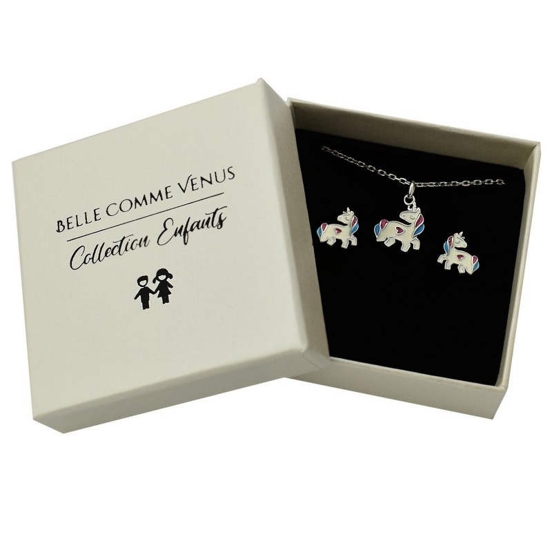 Parure licorne coeur émail coloré Argent 925 Rhodié