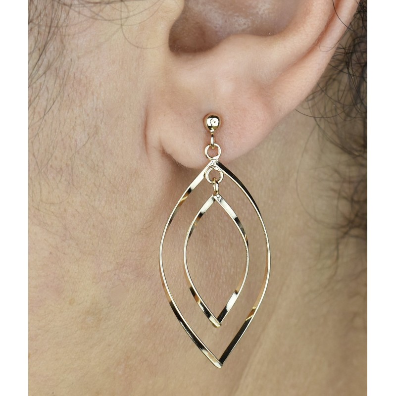 Boucles d'oreilles 2 losanges ovales pendantes Plaqué OR 750 3 microns