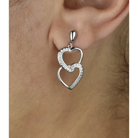 Boucles d'oreilles 2 coeurs superposés sertis d'oxydes de zirconium Argent 925 Rhodié