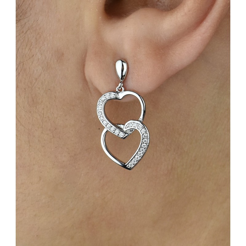 Boucles d'oreilles 2 coeurs superposés sertis d'oxydes de zirconium Argent 925 Rhodié