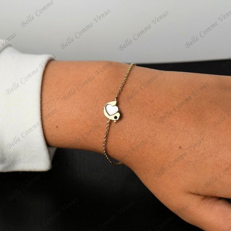 Bracelet oiseau coeur de nacre oeil oxyde de zirconium noir Plaqué OR 750 3 microns