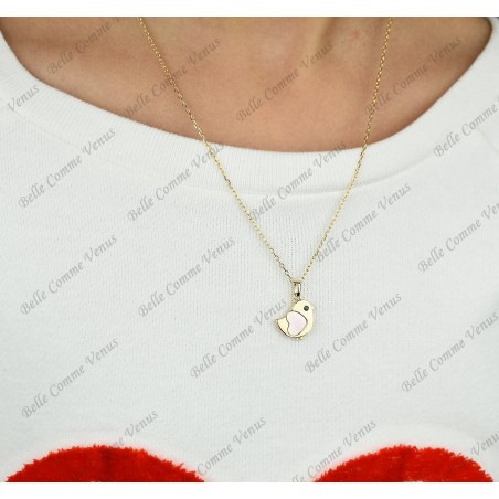 Collier oiseau coeur de nacre oeil oxyde de zirconium noir Plaqué OR 750 3 microns