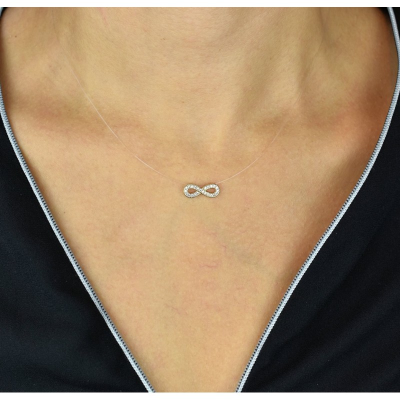 Collier infini d'oxydes de zirconium fil de nylon transparent Plaqué OR 750 3 microns