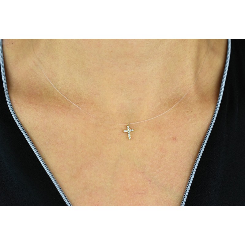 Collier croix d'oxydes de zirconium fil de nylon transparent Plaqué OR 750 3 microns