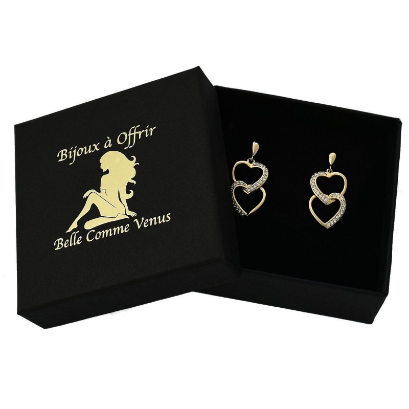 Boucles d'oreilles 2 coeurs superposés sertis d'oxydes de zirconium Plaqué OR 750 3 microns