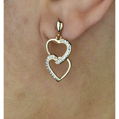 Boucles d'oreilles 2 coeurs superposés sertis d'oxydes de zirconium Plaqué OR 750 3 microns