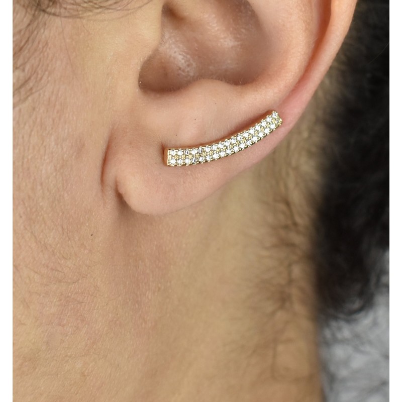 Boucles d'oreilles grimpantes barre 2 rangs contour de lobe serti d'oxydes de zirconium Plaqué OR 750 3 microns